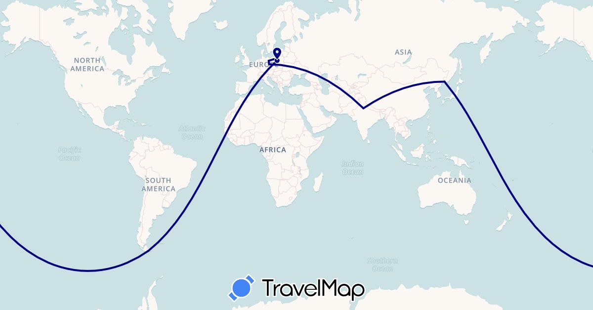 TravelMap itinerary: driving in Chile, Germany, India, Poland, Russia (Asia, Europe, South America)